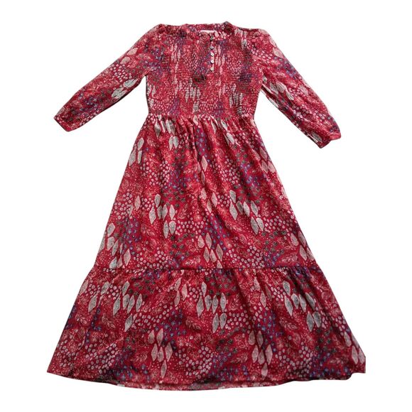 Loft Garden Smocked Bodice Tiered Maxi Dress Red Boho Spring Women's 12 Petite‎ - Picture 1 of 16